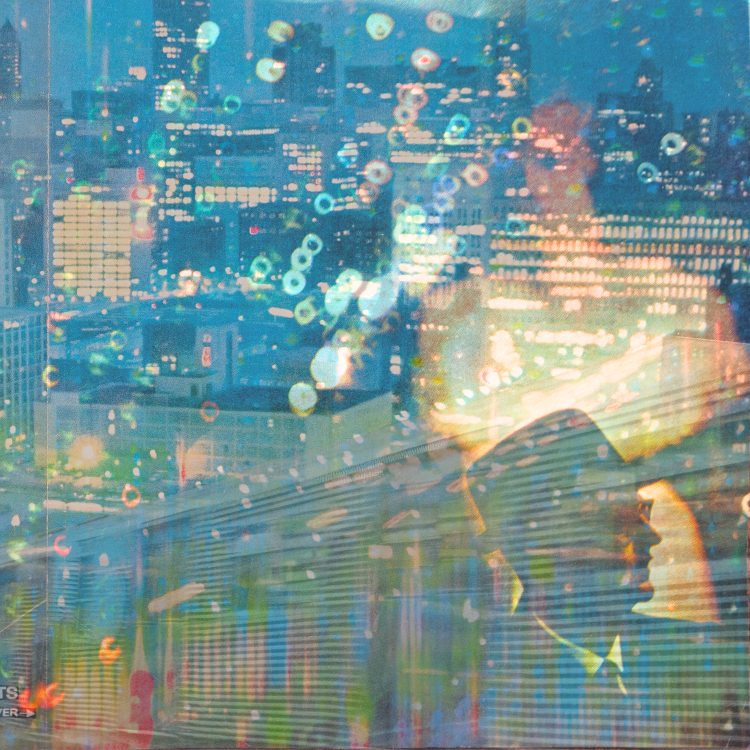 Double exposure cityscape at night with silhouette of person overlaid on glowing urban skyline with bokeh lights.