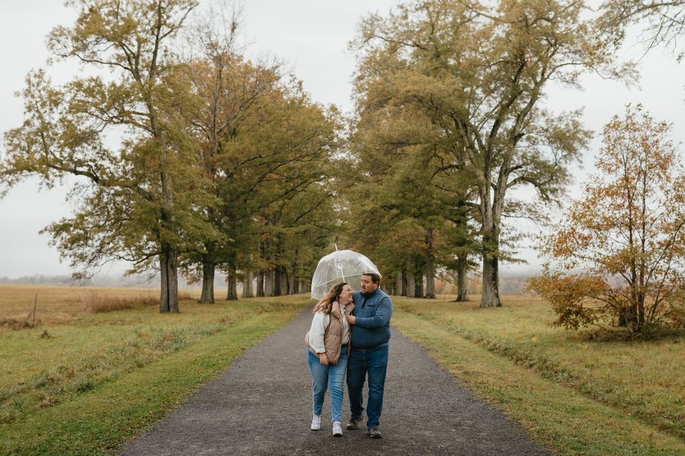 Couple sharing a clear umbrella on a tree-lined path during a rainy autumn day in a scenic outdoor setting.