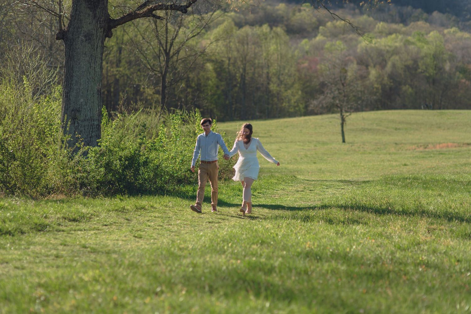 Couple holding hands walking through a lush green meadow with trees and rolling hills in the background.