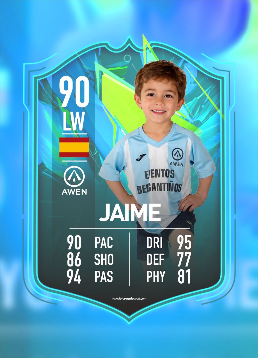 Tarjeta coleccionable al estilo FIFA que presenta a un niño pequeño llamado Jaime, con una valoración de 90 LW, con estadísticas PAC 90, SHO