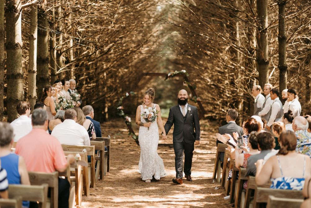 Bride and groom walk hand-in-hand down a tree-lined aisle past seated wedding guests at an outdoor ceremony.