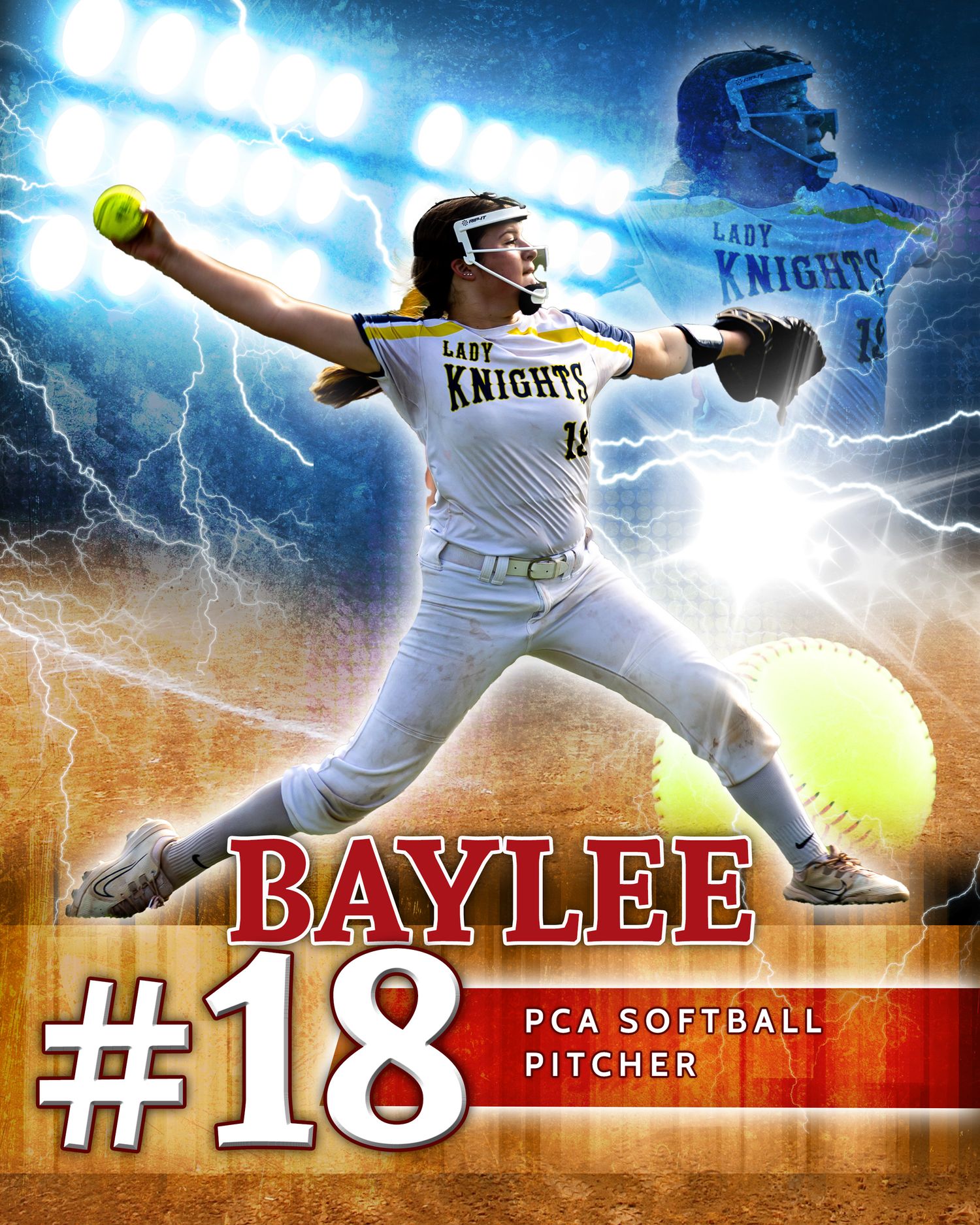 Lady Knights softball player #18 Baylee pitches dramatically against lightning storm background with blue special effects.