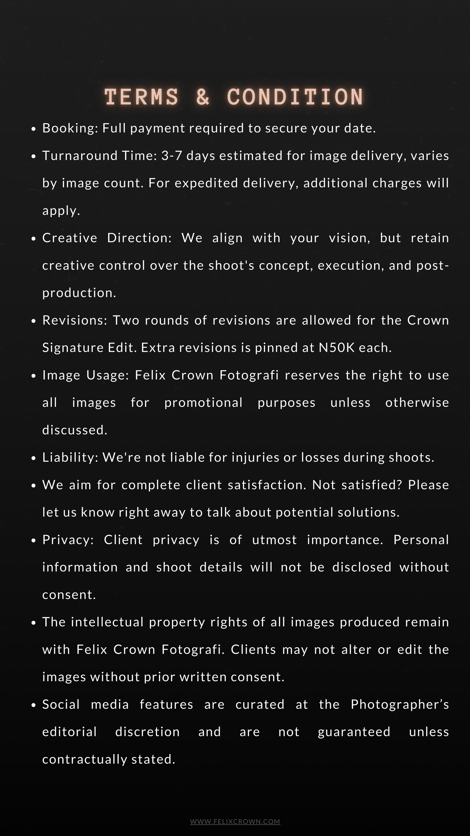 Terms and conditions document outlining booking policies, deposits, and usage rights in white text on dark background.