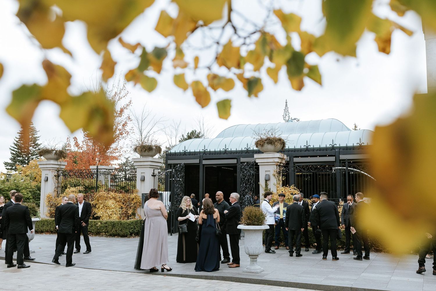 Wedding guests gather outside a modern venue during autumn with golden leaves in the foreground.