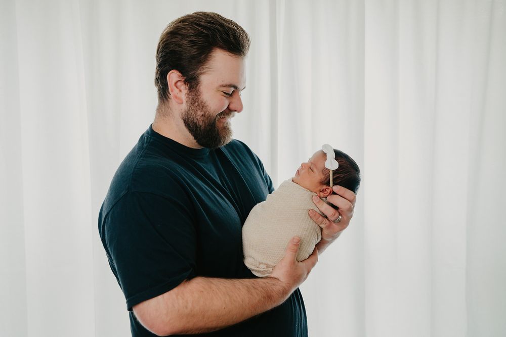 baby, newborn, lifestyle, studio, Michigan, dad with baby