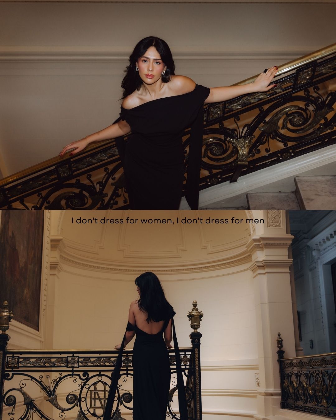 Woman in a black off-shoulder gown on a staircase with empowering fashion quote overlay.