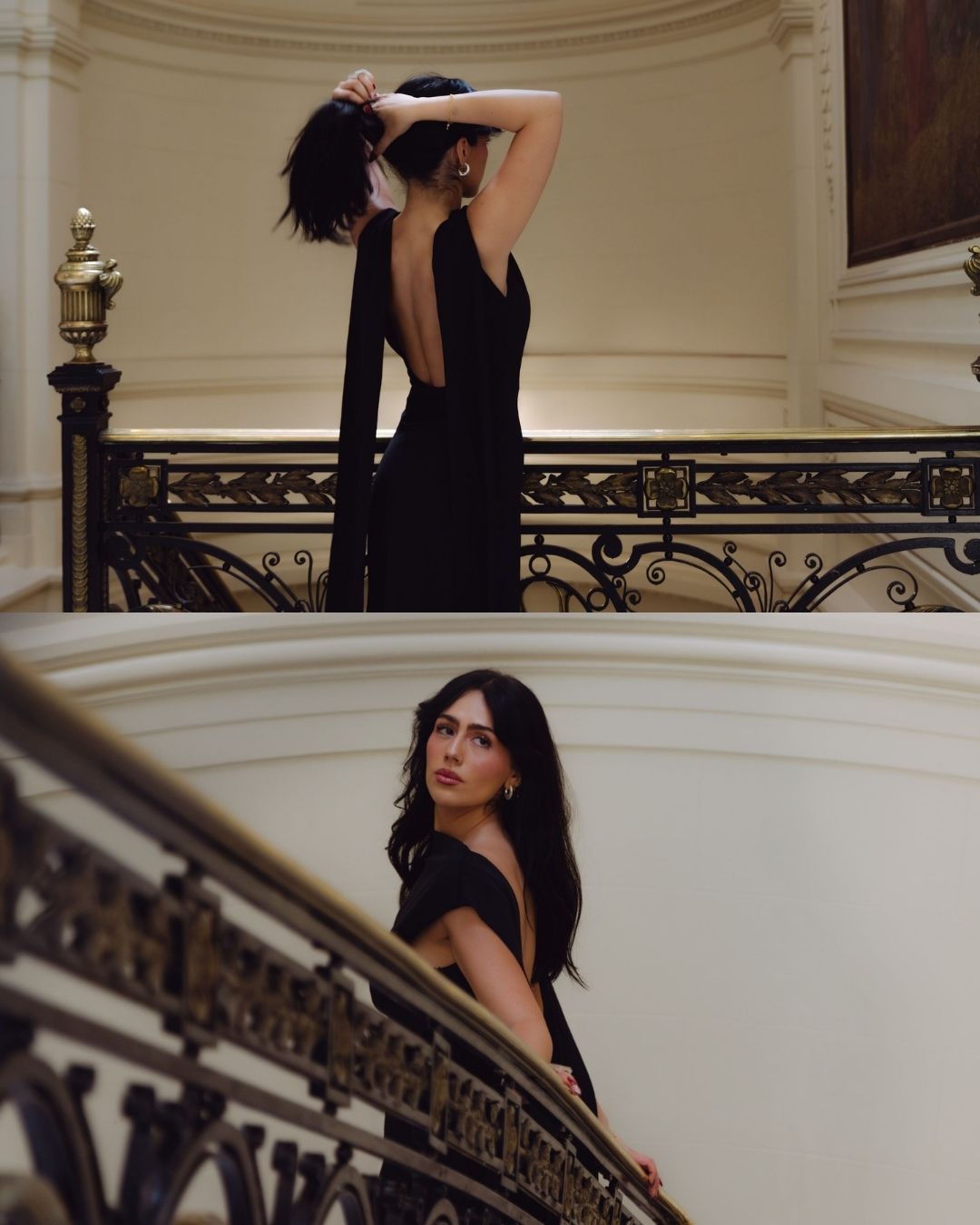 Dual photo of a woman in a backless black gown posing gracefully on an ornate staircase.
