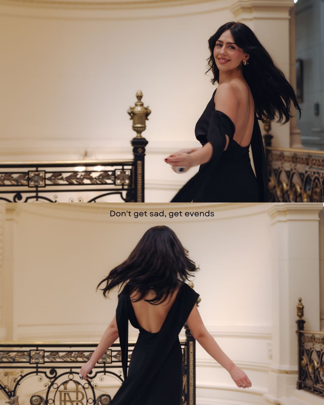 Woman in elegant black backless gown descending grand staircase with ornate iron railings.