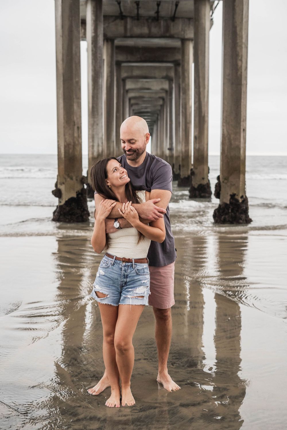 Couple, engagement, beach, San Diego, cloudy, pier