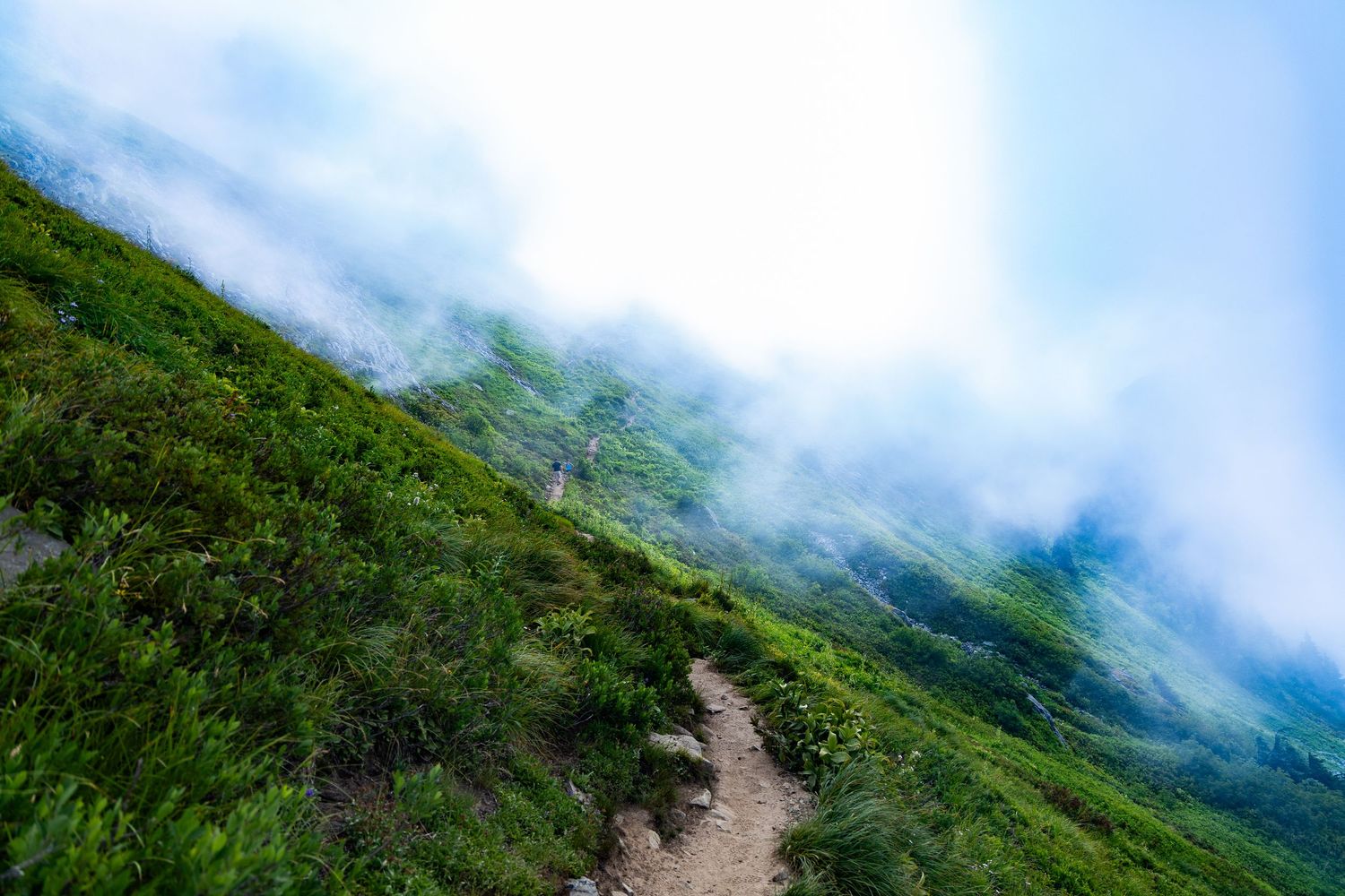 Trail meanders across a green lush hillside through  intermittent low clouds and fog covering the landscape.