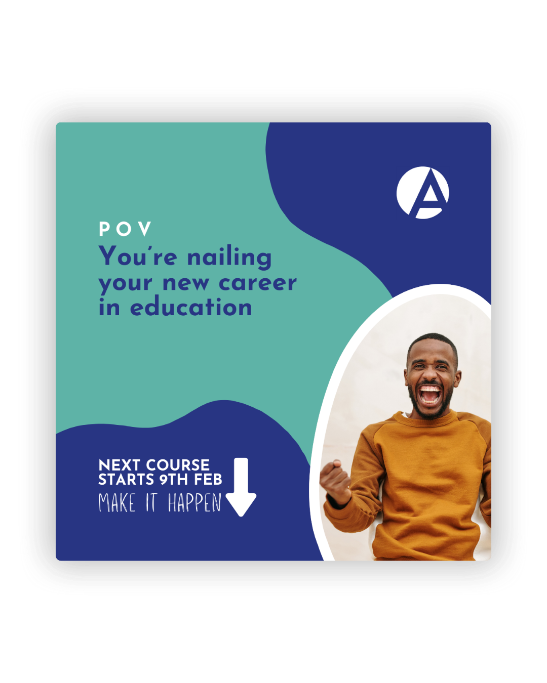Social media banner with a teal and navy blue design showing text about career education and an arrow button below.