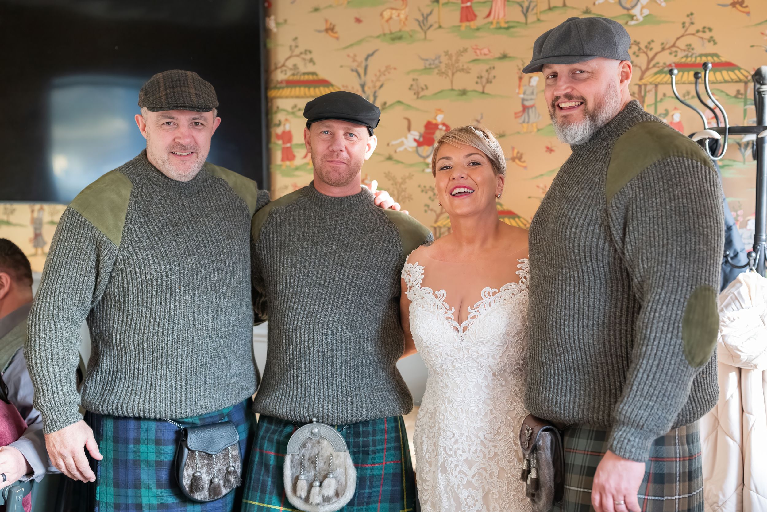bride and groom with best man and man of honour at dalkeith country park, Edinburgh