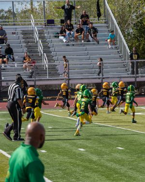 Youth football players in green and yellow uniforms line up for a play on the field with bleachers visible in background.