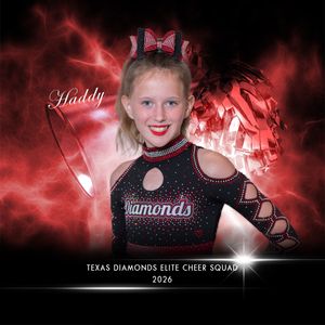 Young cheerleader in black and red Diamonds uniform poses for Texas Diamonds Elite Cheer Squad 2026 team photo.