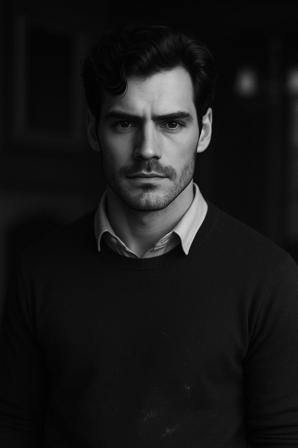 Black and white dramatic portrait with dark shadows and contrast.