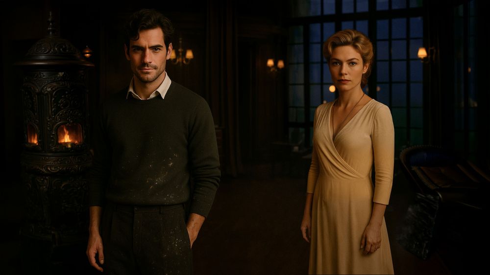 A man and woman stand in a dimly lit, atmospheric room with warm candlelight in a dramatic scene.