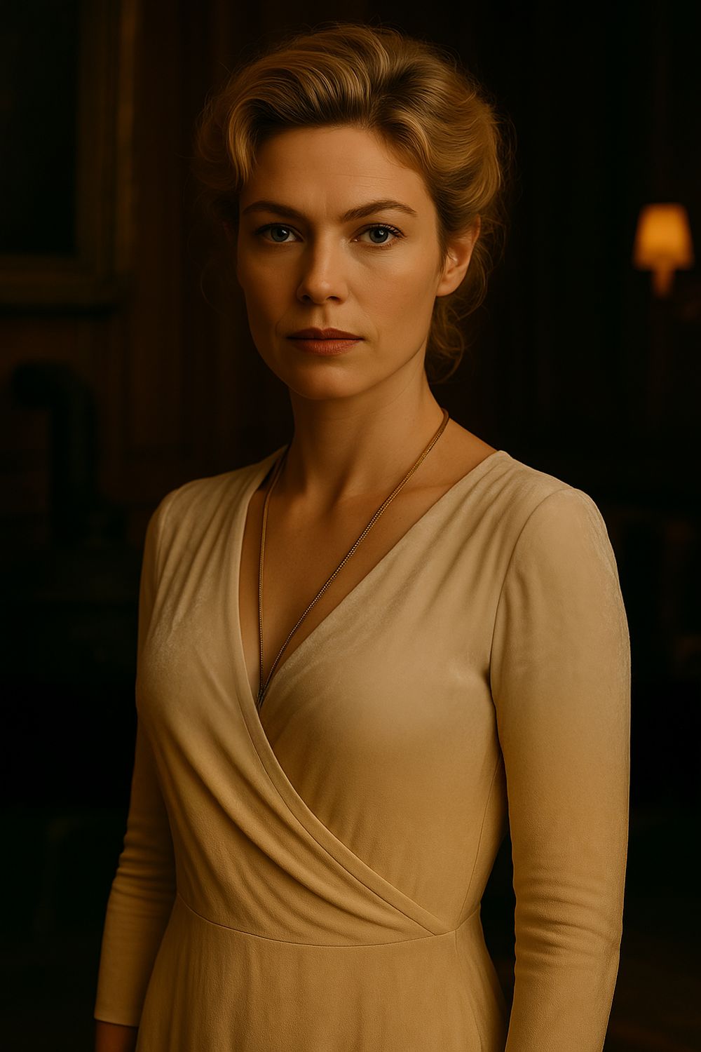 Portrait of a person in a beige wrap dress against a moody dark background.