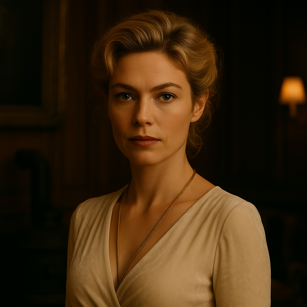 A dramatic portrait featuring a person in elegant beige attire with styled hair.