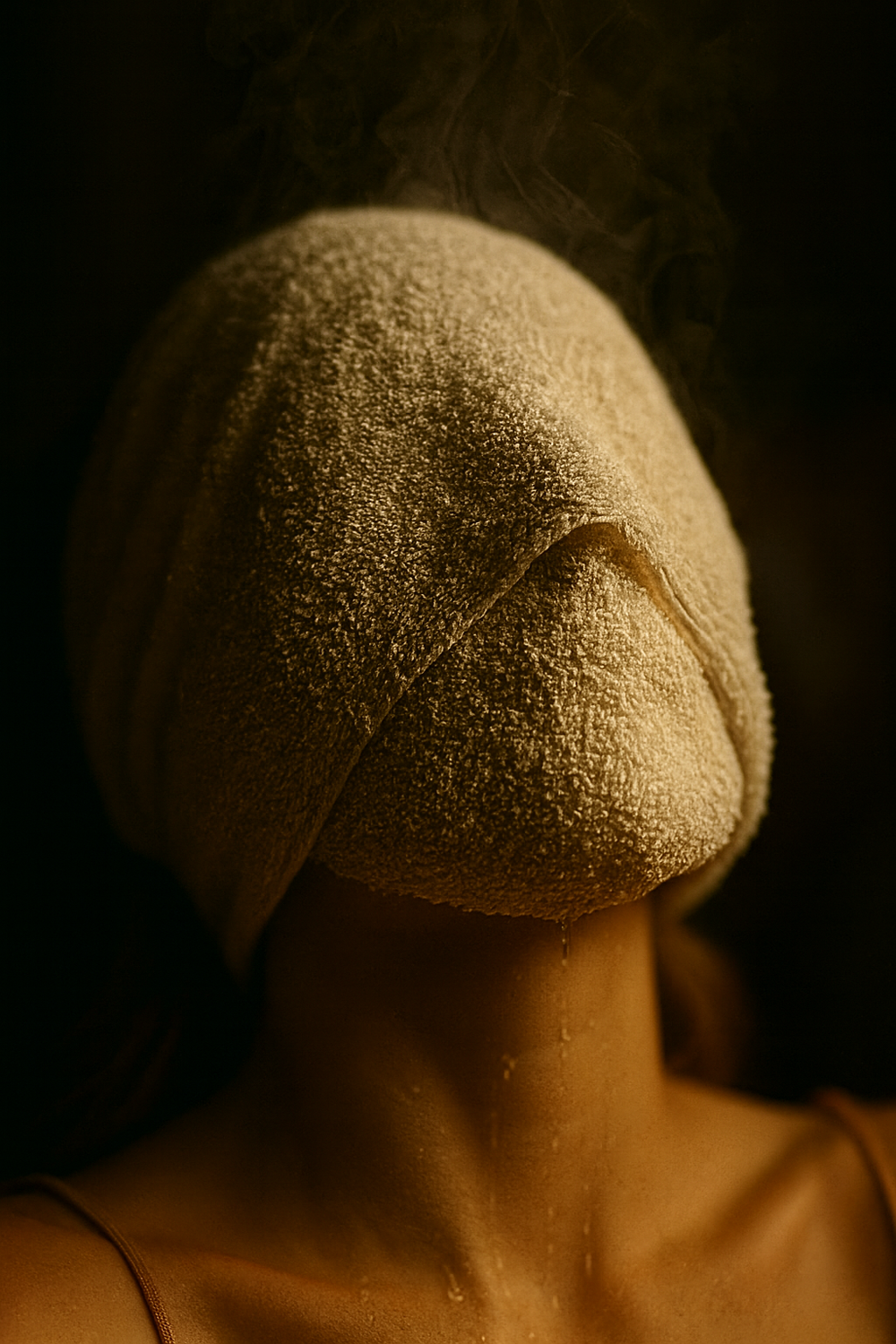 A close-up abstract portrait study of a person in shadows wearing a soft beige head covering in warm lighting.