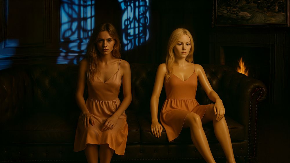 Two people sit in an atmospheric room with moody blue lighting and a fireplace visible in the background.