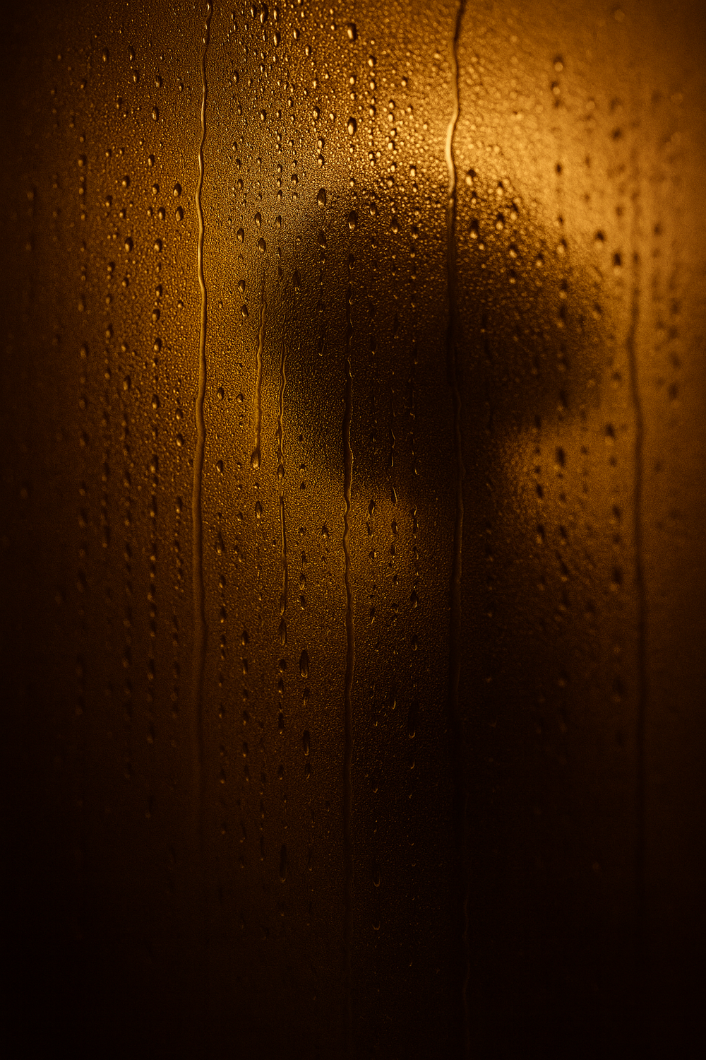 A silhouette visible through a foggy window with water droplets and warm amber backlighting.