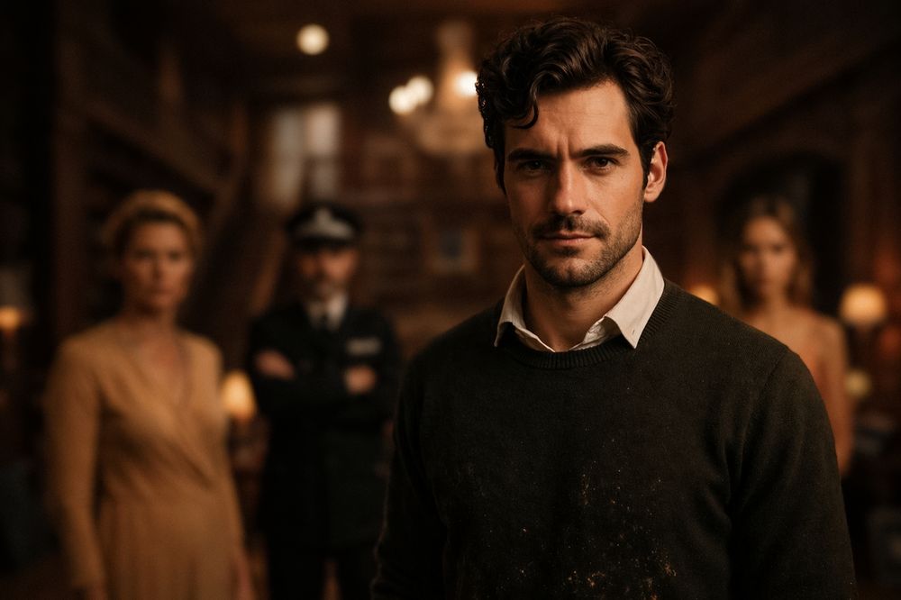 A brooding dark-haired man in a black sweater stands in a dimly lit room with people in background.