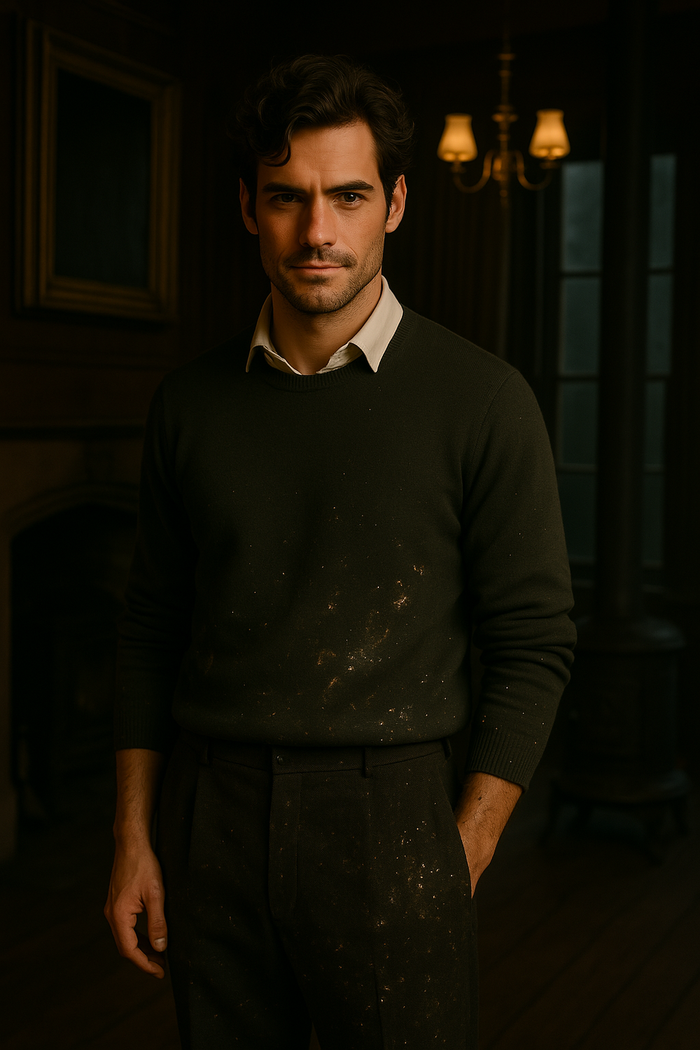 Moody portrait in dark interior with dramatic lighting and vintage decor.