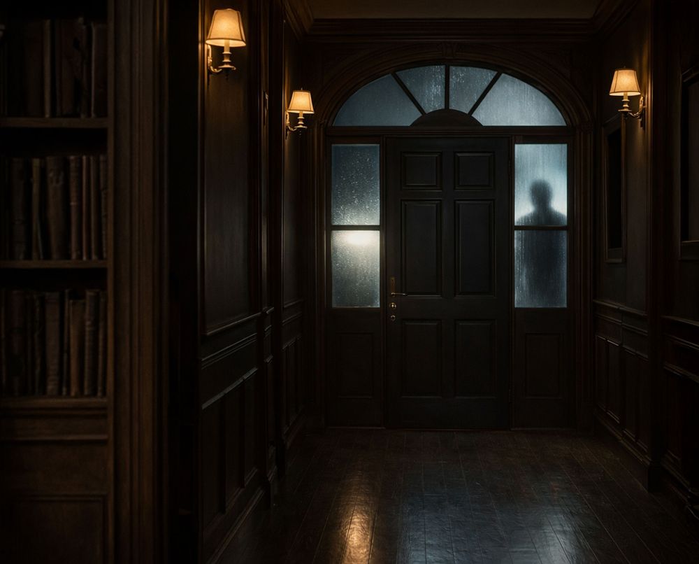 A dark hallway with bookshelves and wall sconces shows an eerie silhouette behind frosted glass panels in the doorway.