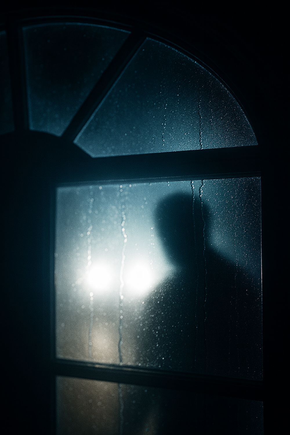 Sequence of moody dark window frames with raindrops and backlighting creating an atmospheric silhouette effect.