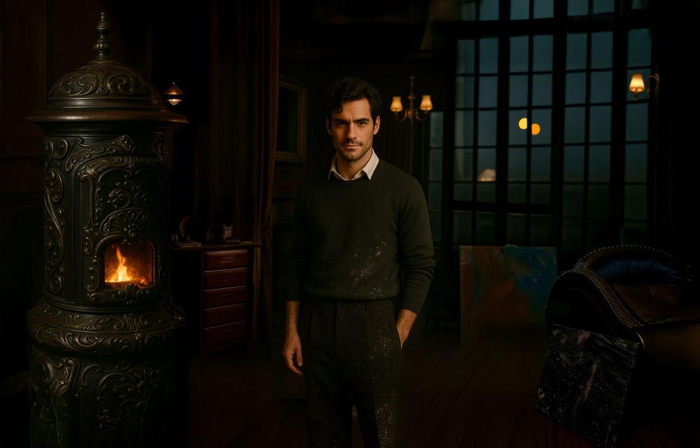 A dimly lit vintage room with an ornate fireplace and a figure standing in dark attire.