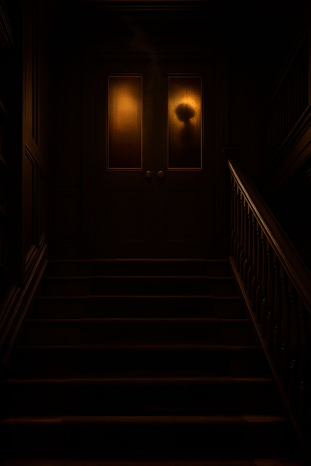A series of dimly lit apartment building entrances at night with glowing porch lights creating an eerie atmosphere.