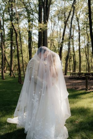 Bride in long veil standing in sunlit wooded area for dramatic bridal portrait.