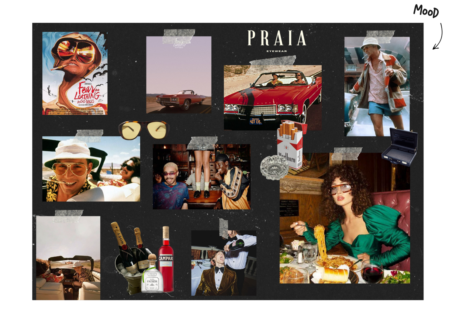 A collage of lifestyle photos featuring food, drinks, cars, and social gatherings in a vintage-inspired moodboard style.