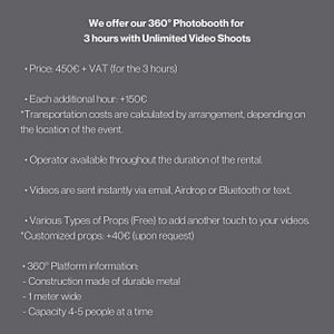 Pricing details for 3-hour 360-degree photobooth rental package with technical specifications.