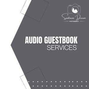 Grey promotional banner for audio guestbook services with camera logo.