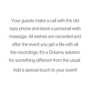 Description of vintage phone audio guestbook service for recording guest messages at events.