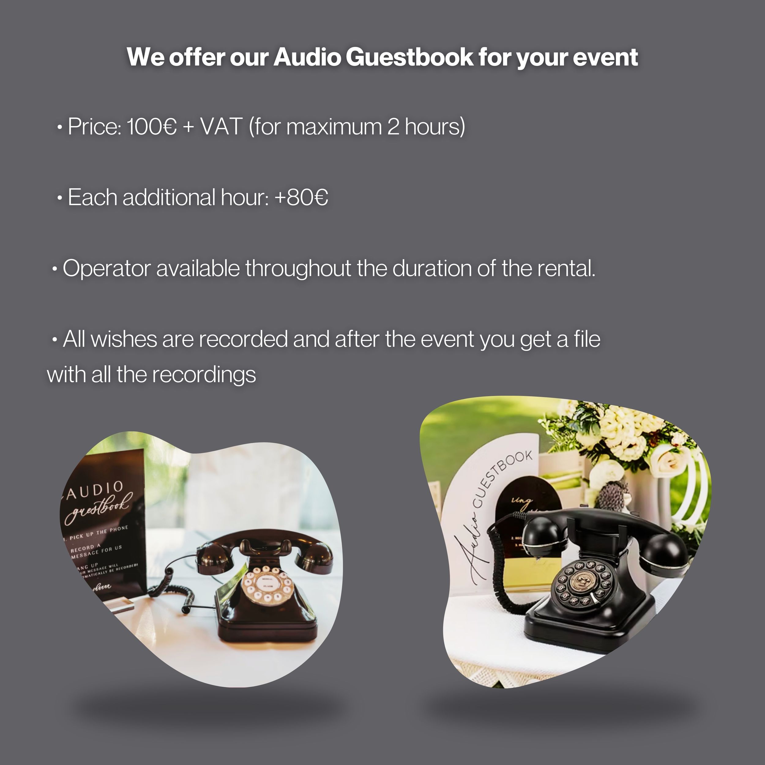 Marketing image showing vintage telephones with pricing details for audio guestbook rental service.