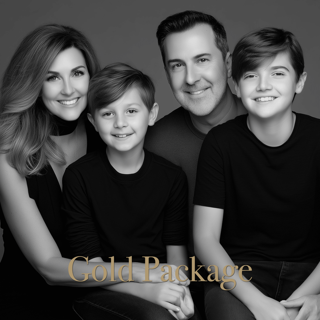 Gold Package - Black and white studio portrait of a family of four wearing dark clothing against a dark background.