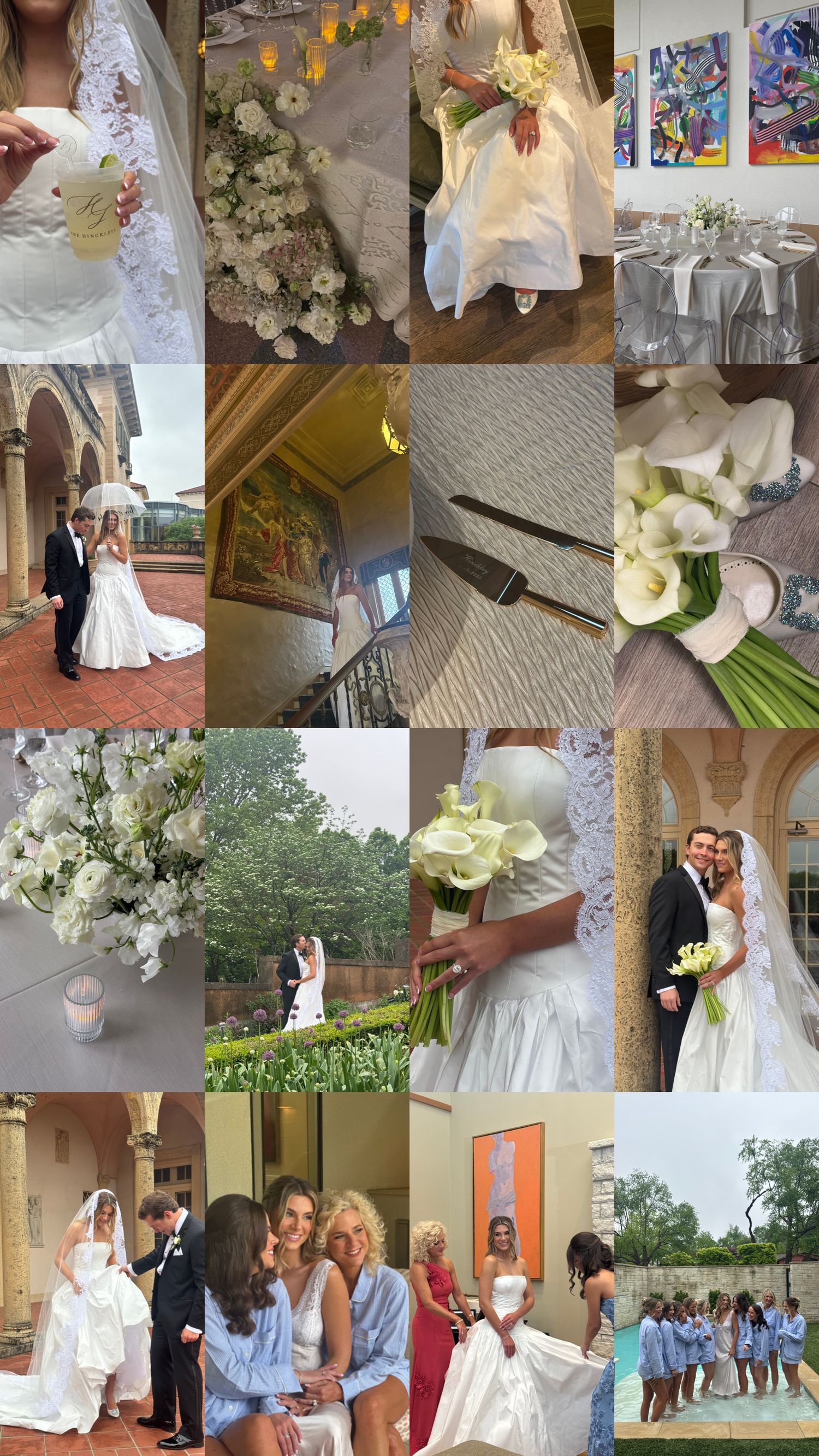 A wedding photo collage featuring bridal gowns, white floral arrangements, elegant table settings, and outdoor ceremony moments.