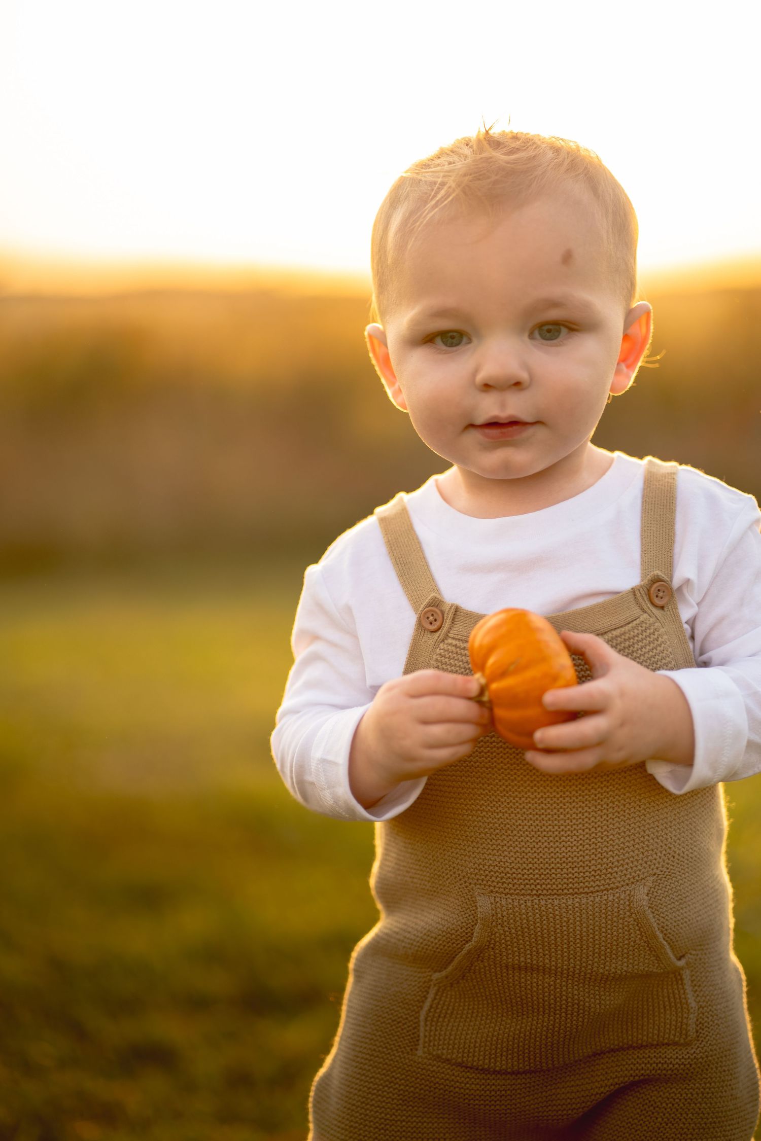 a baby boy in green overalls, holding a pumpkin while the sun shines over the field from behind. creating a warm glow