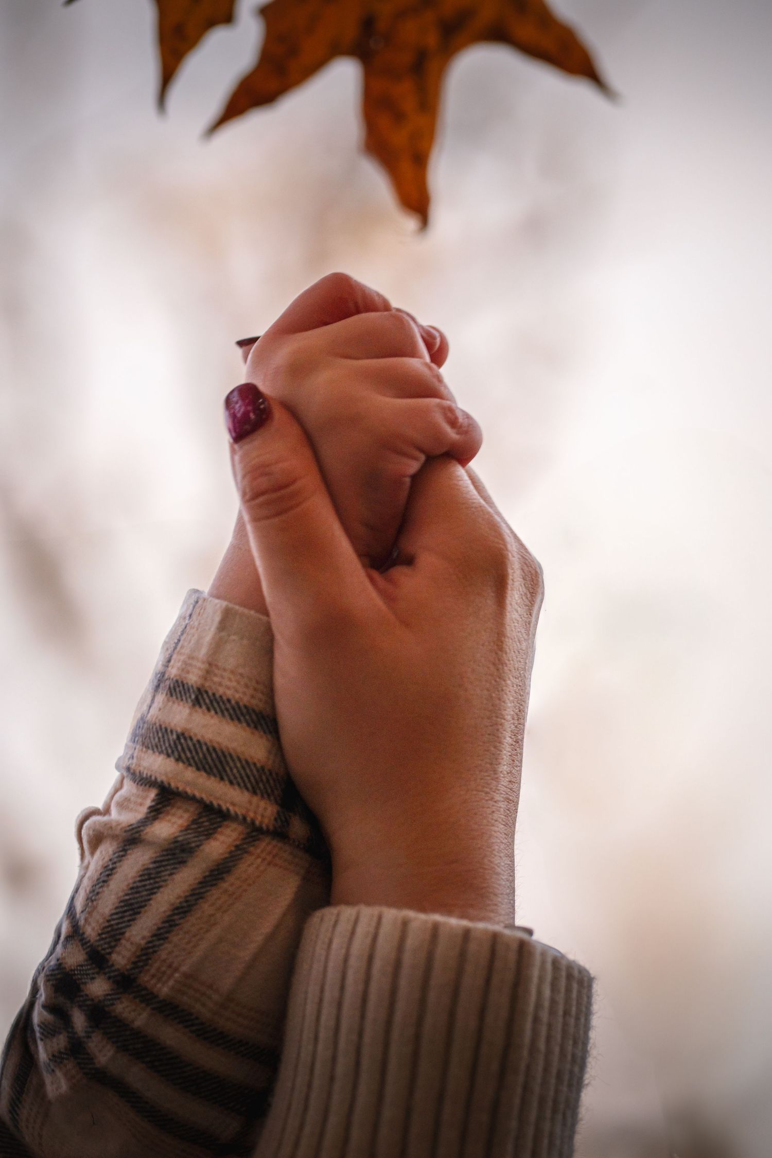 a mother holding her sons hand in front of orange leaves. capturing how small his hands are to cherish the memory as he gets older and grows