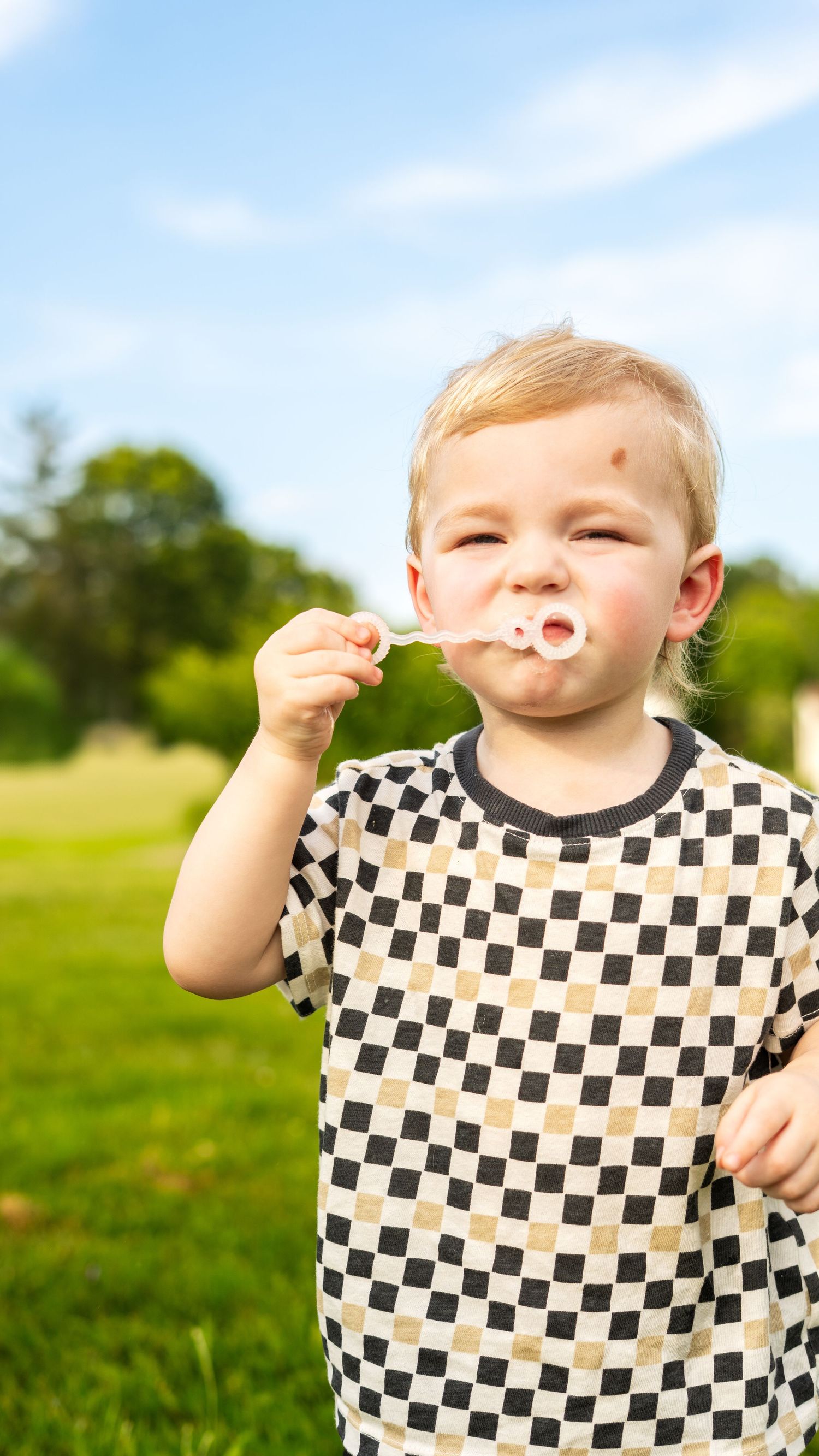 A toddler in a checkered shirt plays with bubbles in a grassy field on a sunny day.