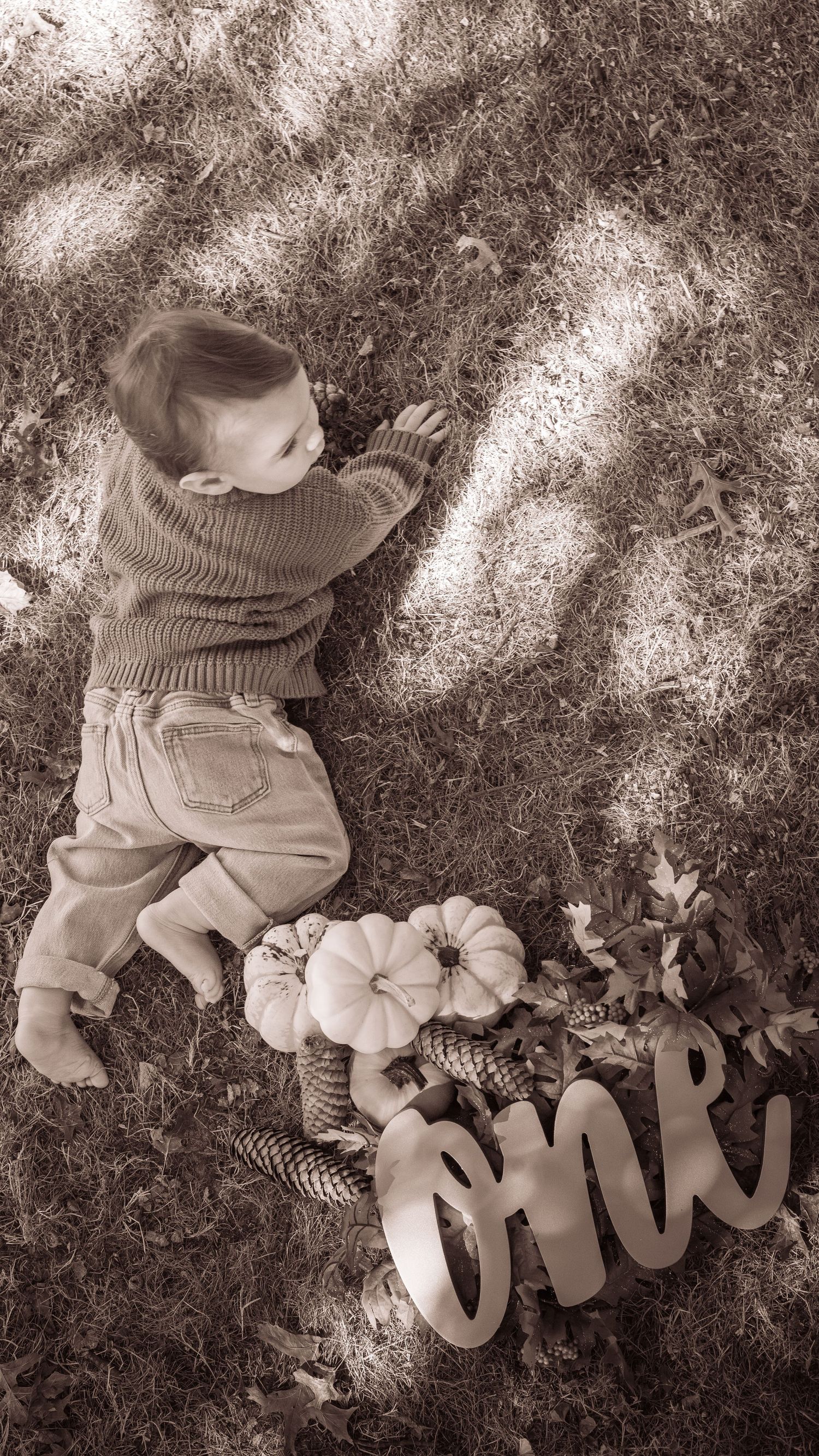 A series of sepia-toned photographs show a small child lying on the ground next to autumn pumpkins creating whimsical poses.