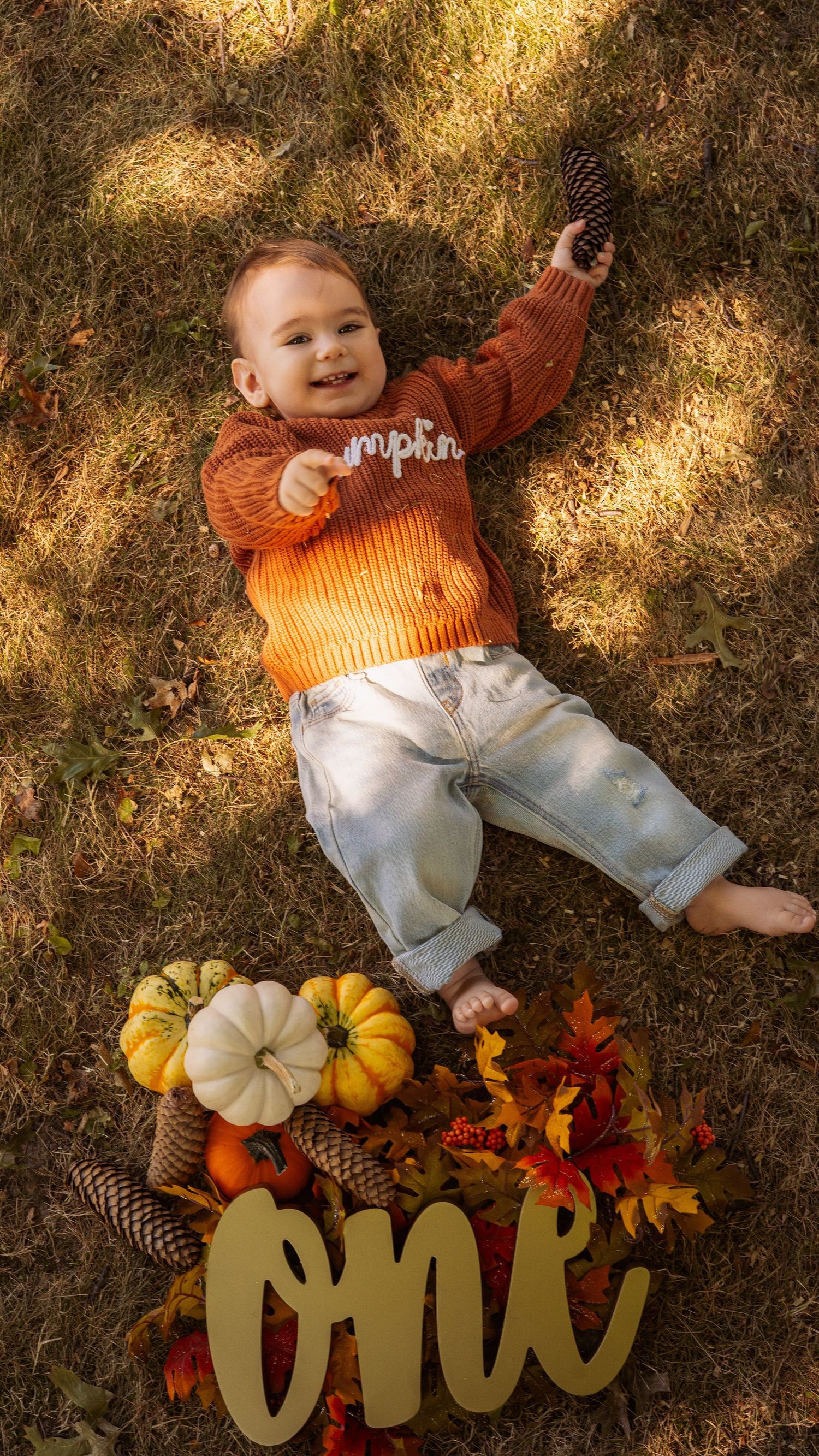 Seasonal autumn photo series with small child lying on grass near decorative pumpkins, pinecones, and 'ONE' text display.