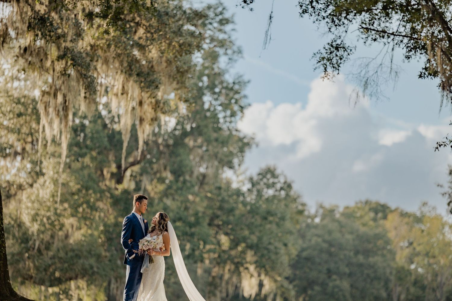 A couple in formal wedding attire stand beneath Spanish moss-draped trees on a sunny afternoon.