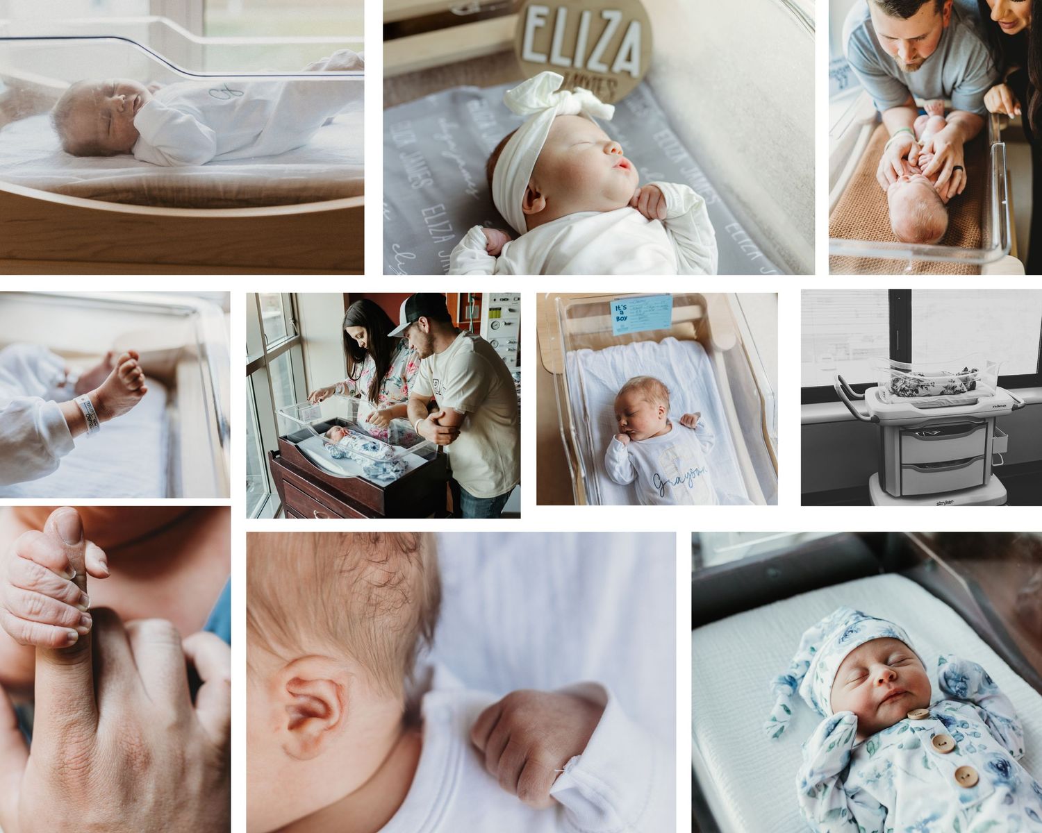 A collage of tender newborn moments in soft pastel tones featuring close-up hospital photos and delicate details.