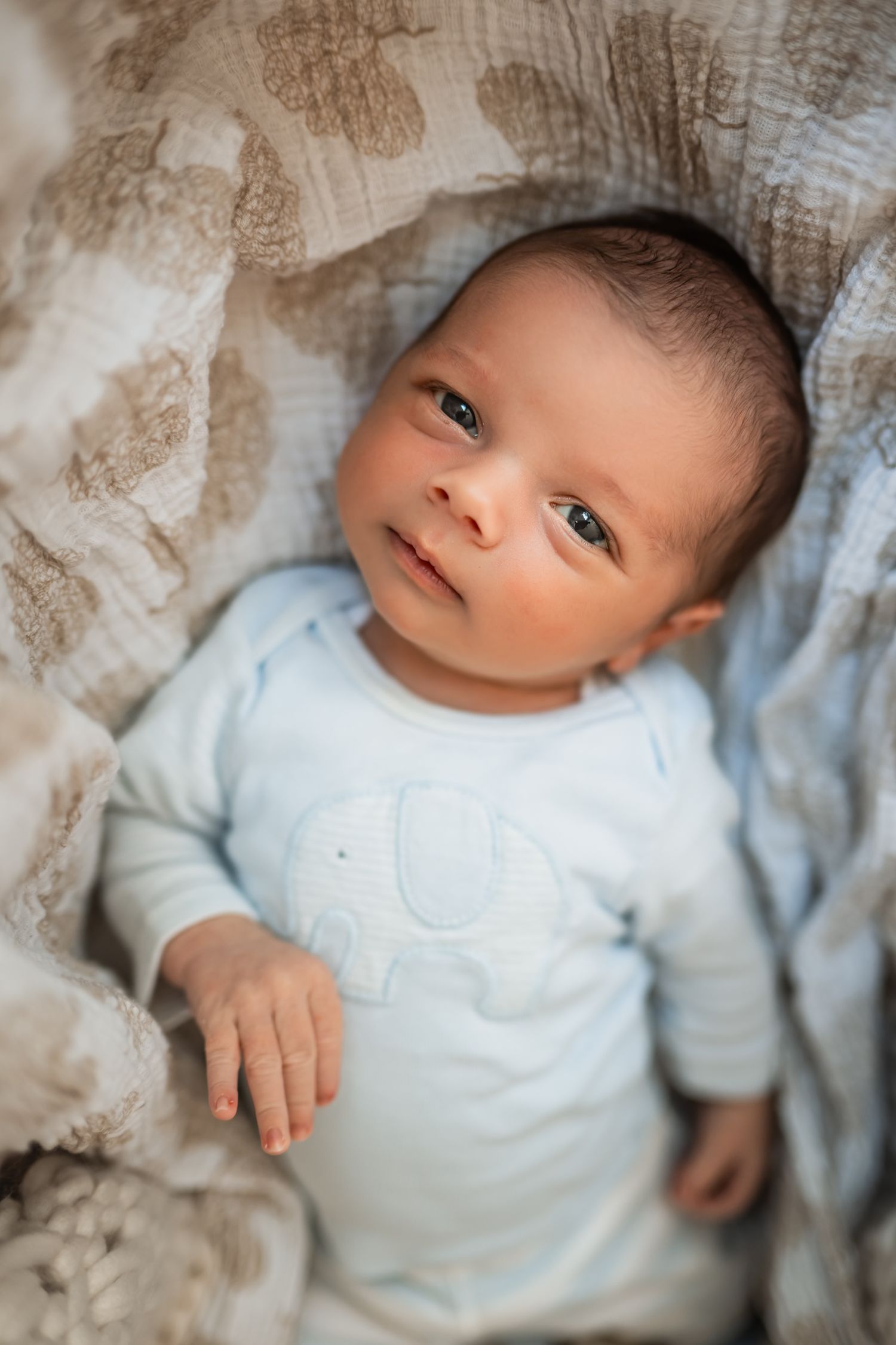 An infant in a light blue onesie lies on textured beige bedding while looking up towards the camera.