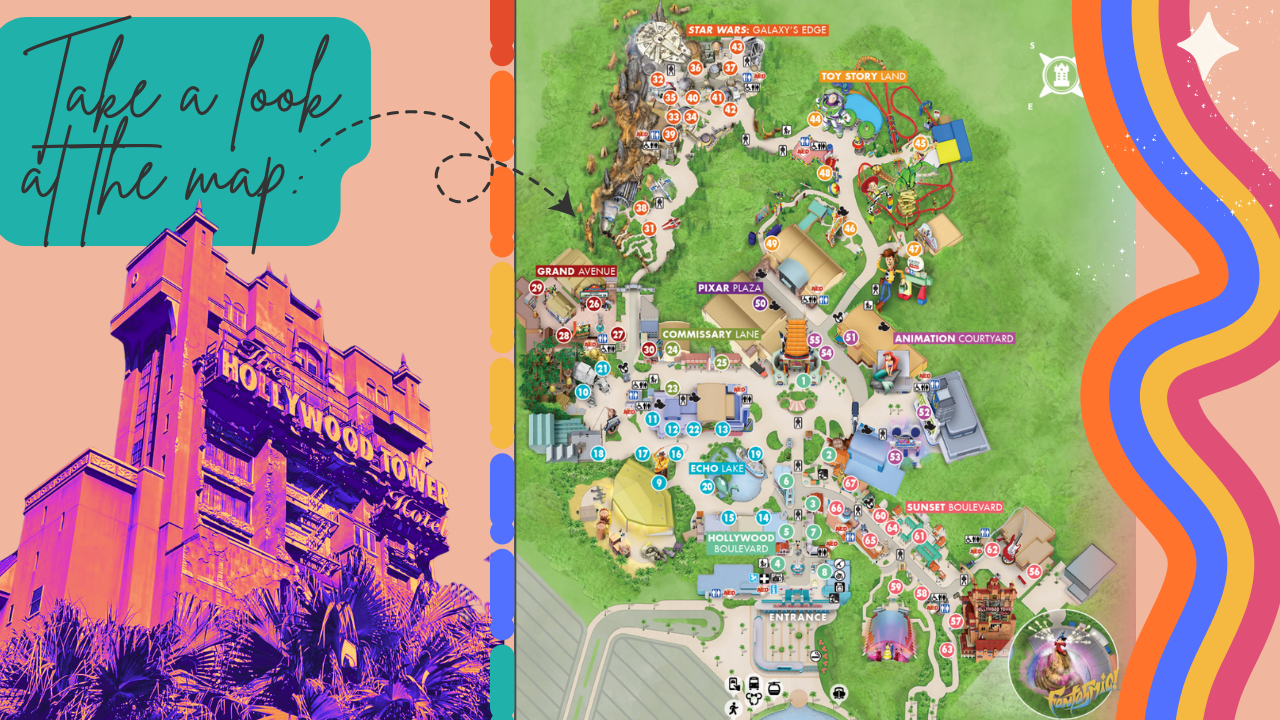 Theme park map design featuring Tower of Terror attraction in pink and purple tones.