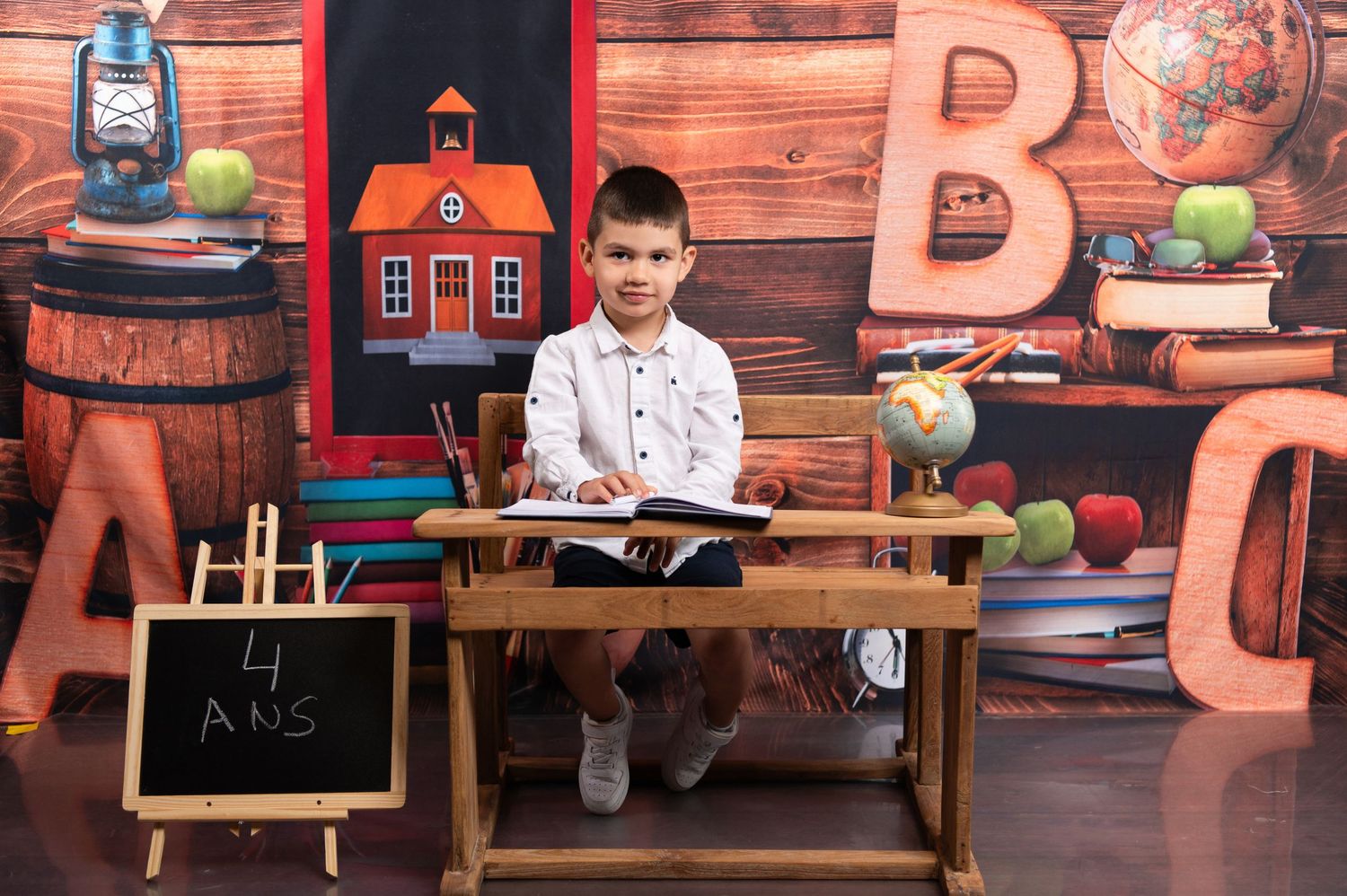 Back to school photo scene with rustic wooden background and educational decorations.