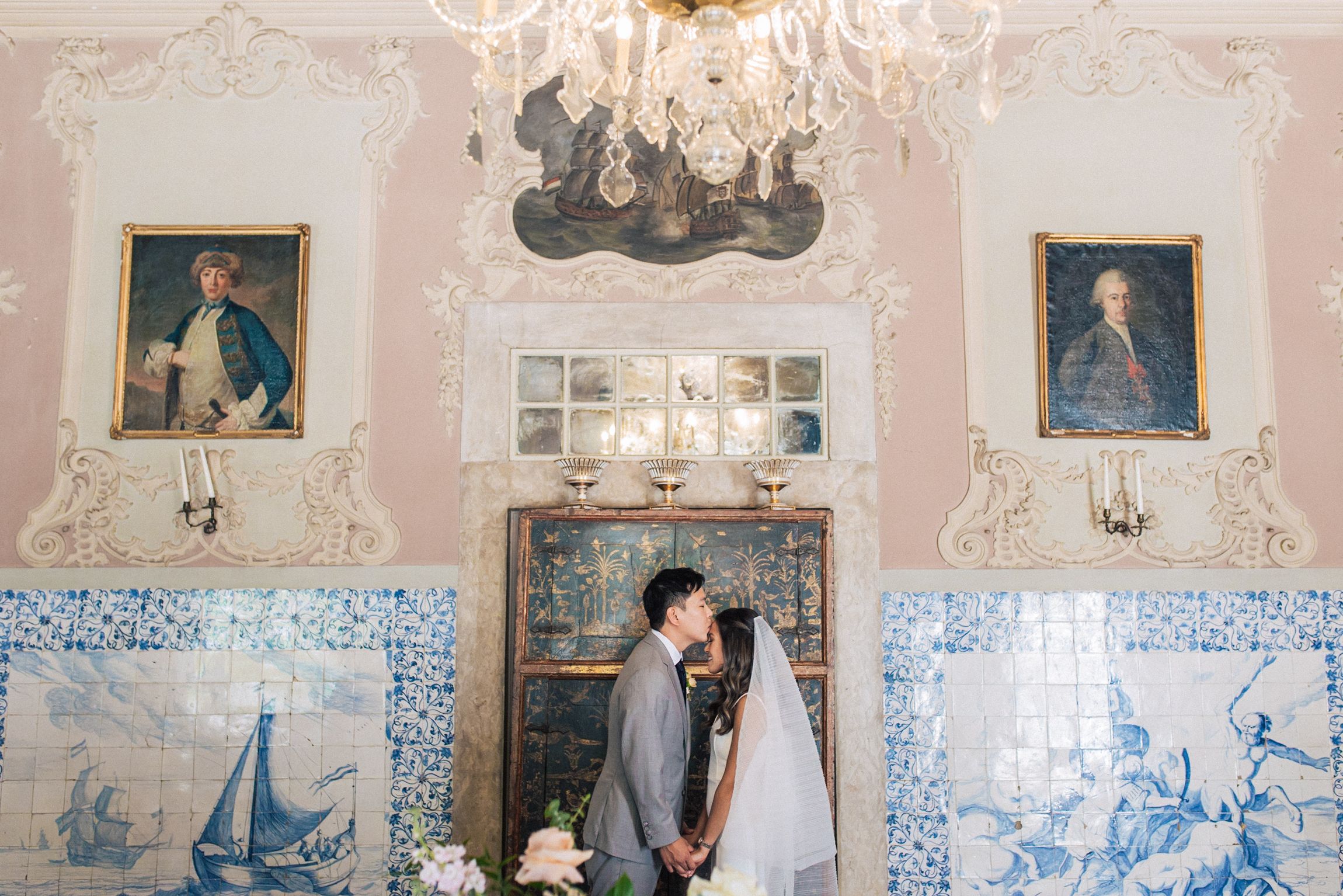 Asian-American couple celebrating destination wedding in Lisbon at fronteira palace, Portugal